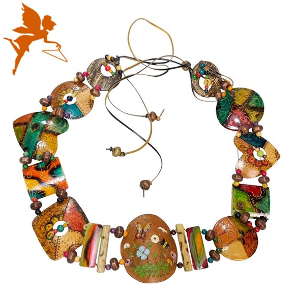 HANDPAINTED Leather, Coconut, Wood and Beaded Tie Belt - Picture 1 of 8